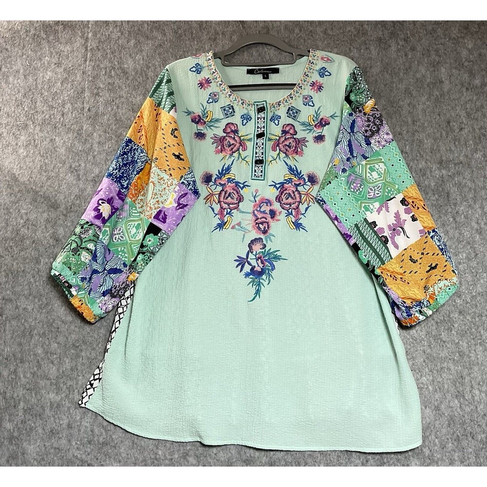 Calessa Shirt Womens Large Green Embroidered Relaxed Cottage Boho Top Blouse *